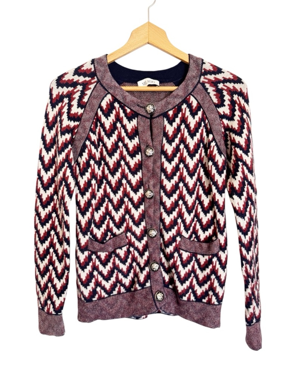 Milalio Womens Chevron Red Navy Merino Wool Cardigan Sweater size M